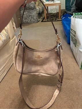 Coach Teri Hobo Bag Blocked Signature Canvas Crossbody/Shoulder Tan Sand CAA69